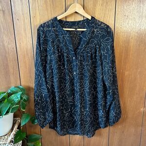 Mod‎ Lusive Black Sheer Abstract Line Art Button Front Blouse Size Large Boho